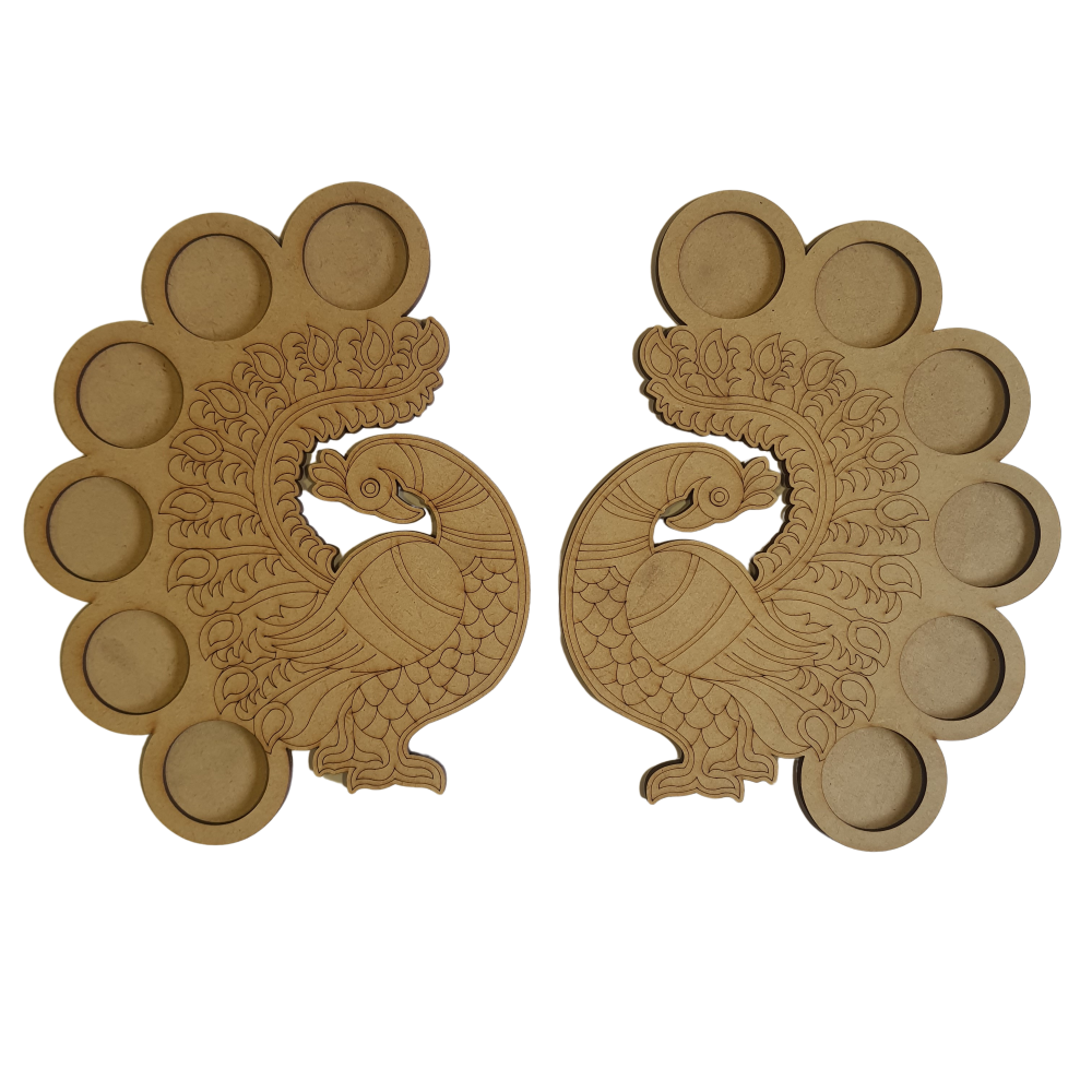 MDF Dual Peacock Tea Light Holder – 6 Candle Space for Diwali & Home Decor - 85