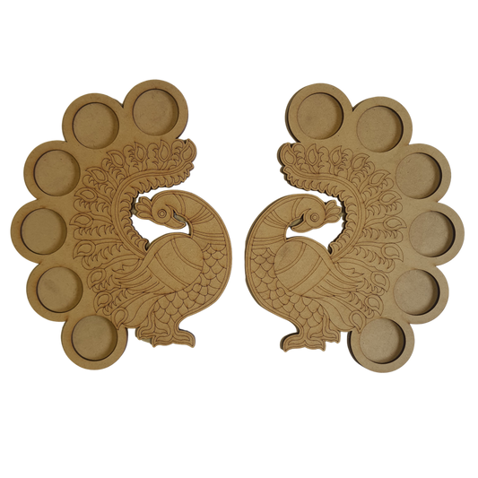 MDF Dual Peacock Tea Light Holder – 6 Candle Space for Diwali & Home Decor - 85