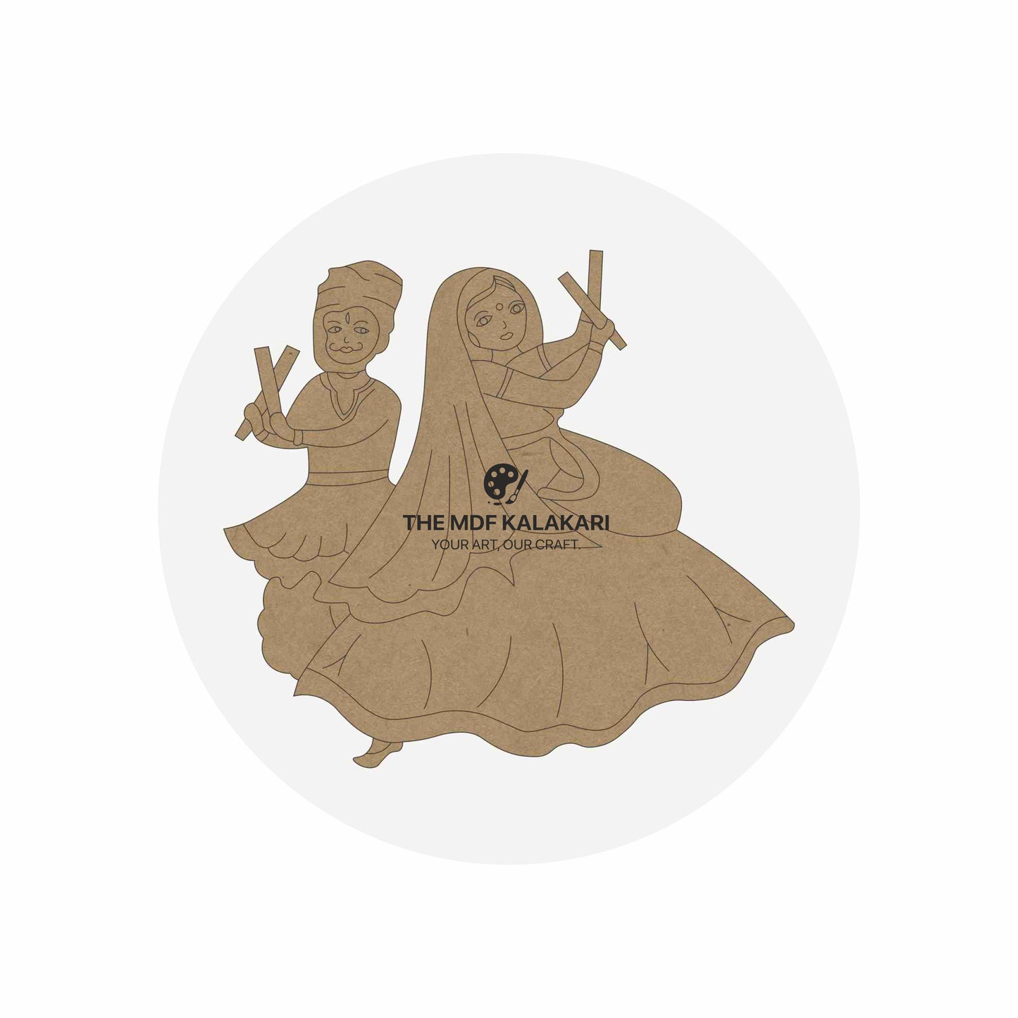 Laser-cut couple playing Garba premarked MDF base for DIY painting and craft workshops.