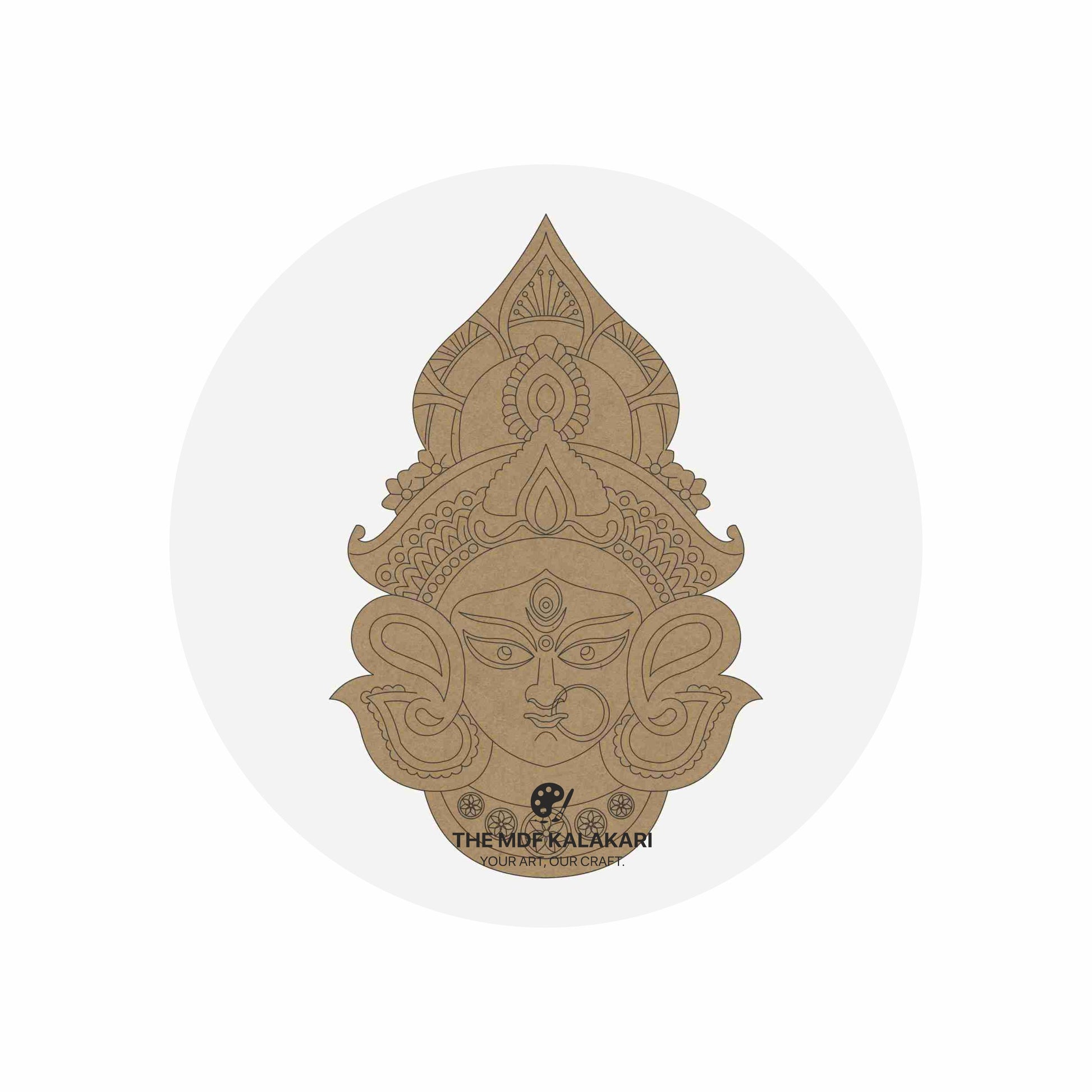Laser-cut Maa Durga premarked MDF base for DIY painting and craft workshops.