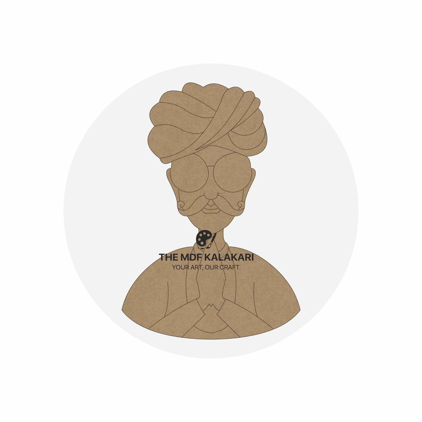Laser-cut Rajasthani man in Namaste with pagdi premarked MDF base for DIY painting and craft workshops.
