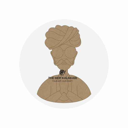 Laser-cut Rajasthani man in Namaste with pagdi premarked MDF base for DIY painting and craft workshops.