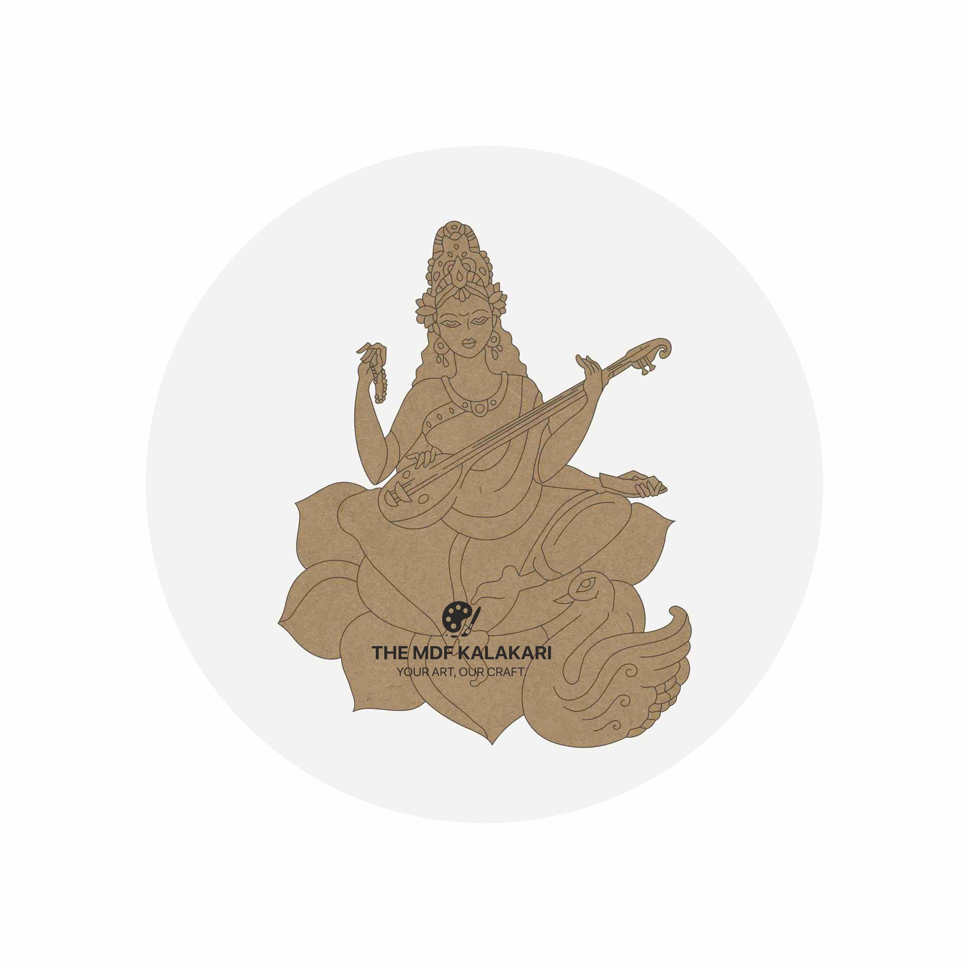Custom laser-cut Saraswati Devi premarked MDF base for DIY painting and craft workshops by The MDF Kalakari.