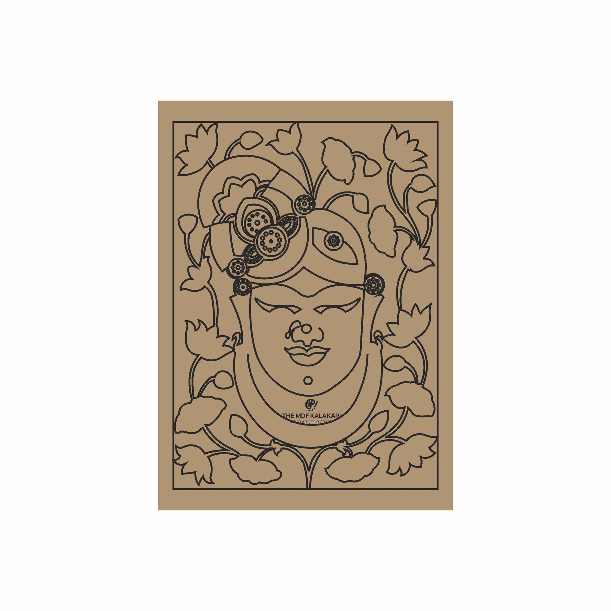 A brown MDF board with a traditional Indian Lippan art design featuring Shrinathji Bhagwan Mukharvind.