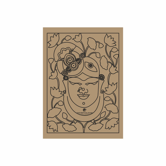 A brown MDF board with a traditional Indian Lippan art design featuring Shrinathji Bhagwan Mukharvind.