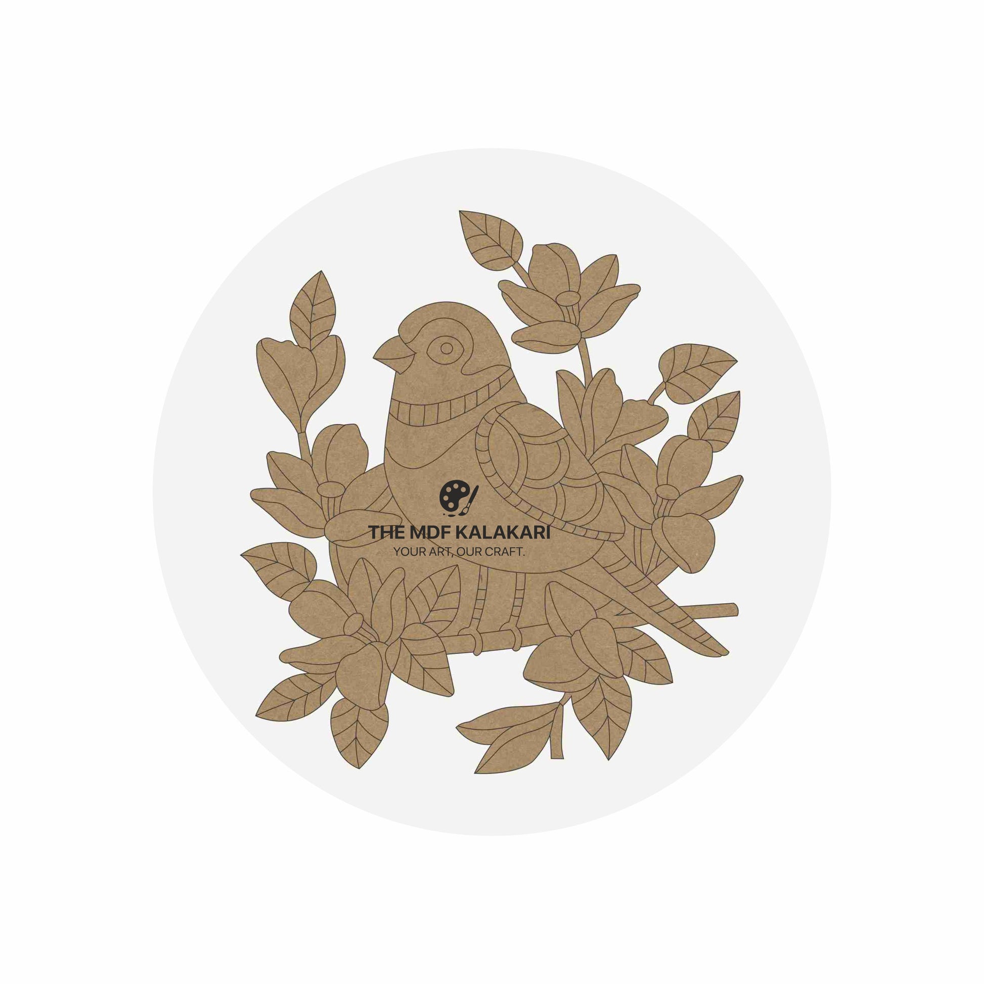 Laser-cut sparrow with nest premarked MDF base for DIY painting and craft workshops.