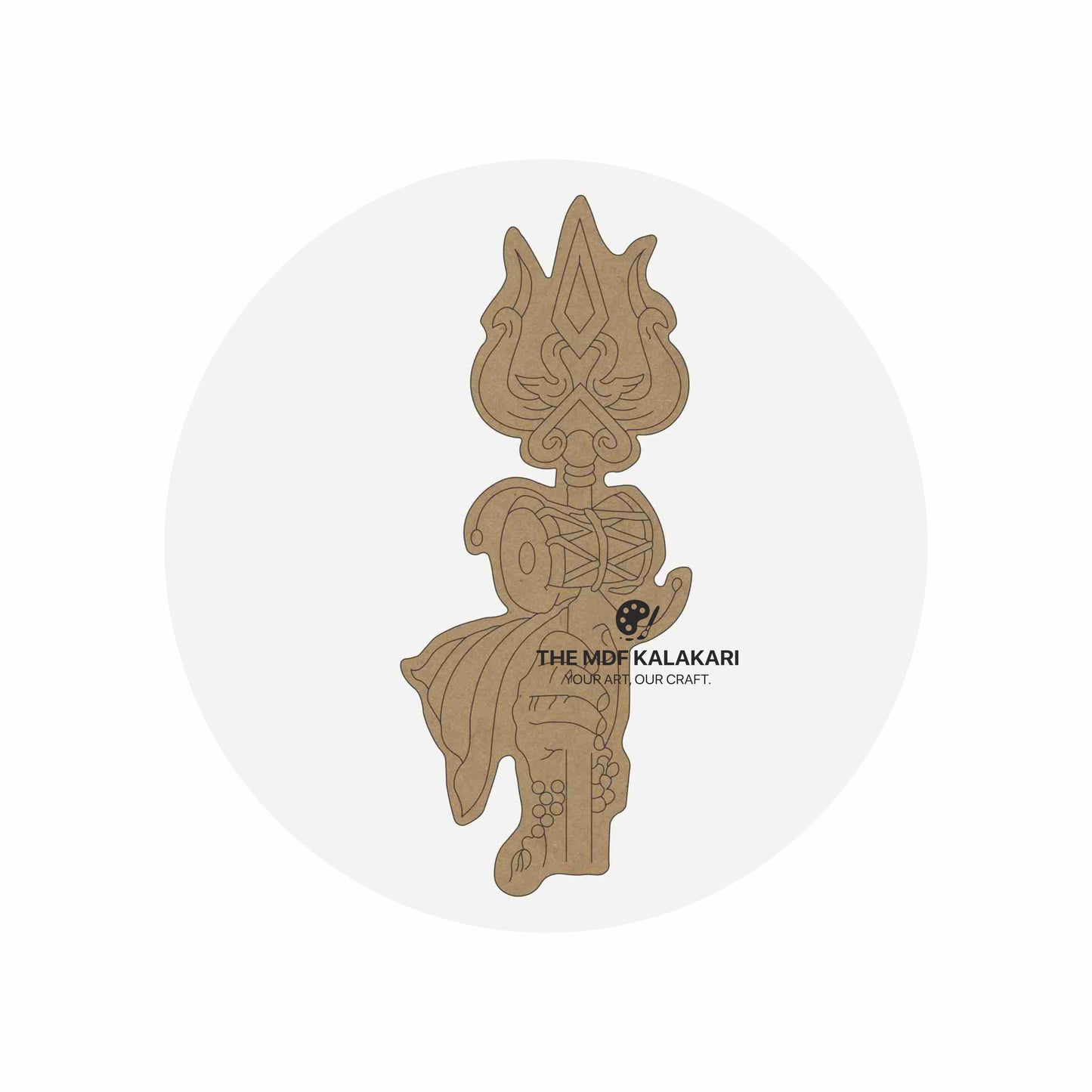 Laser-cut Trishul premarked MDF base for DIY painting and craft workshops.
